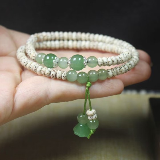 Star and Moon Bodhi Slice Bead Double-Loop Buddhist Mala Lotus Seedpod Bracelet for Women, Minimalist Chinese Style Hand Accessory Jewelry