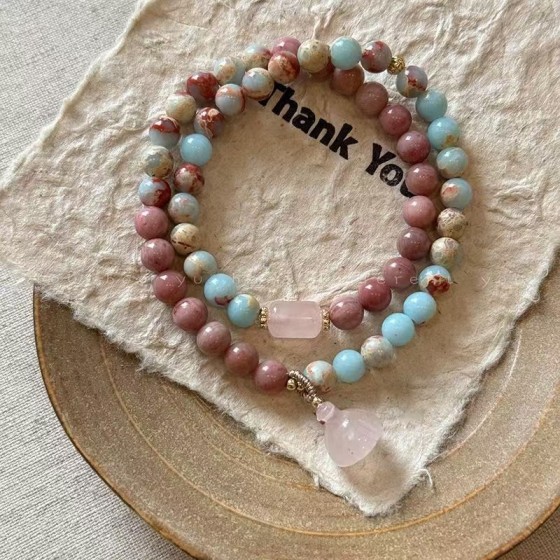 New Chinese-style Shoushan stone double-layer natural stone powder crystal lotus seedpod bracelet, bow long strand for men and women