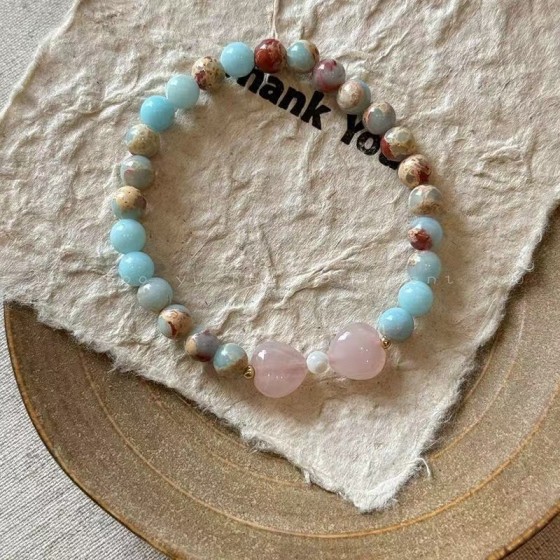 New Chinese Style Shoushan Stone Double-Layer Natural Stone Powder Crystal Lotus Pod Bracelet, Unisex Beaded Bracelet with Bow, Short Version