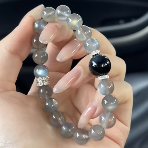 Natural Crystal Gray Moonstone Tiger's Eye Round Bead Crystal Bracelet