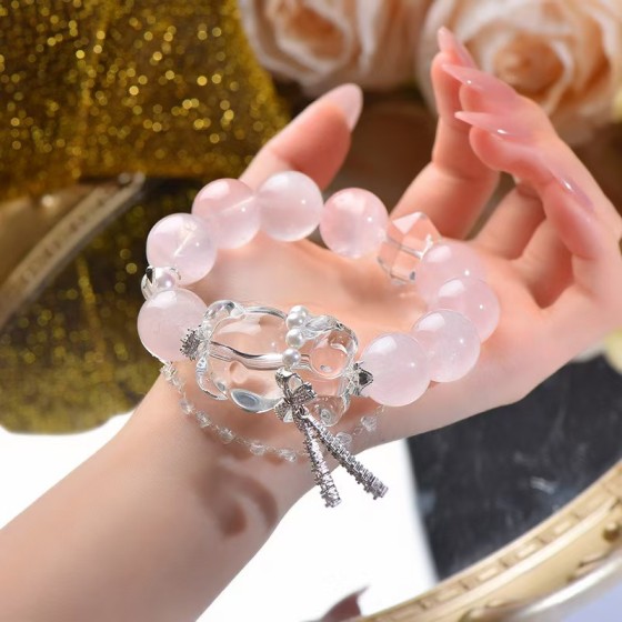 New Pink Crystal Natural Persian Jade Chinese Style White Crystal Bracelet Luck-attracting Bead