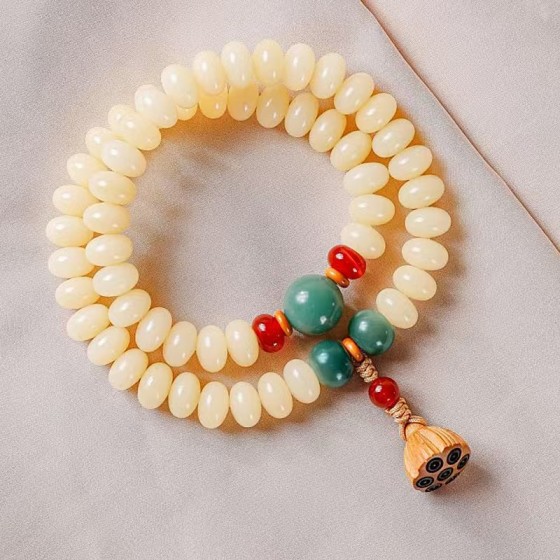 Natural White Bodhi Seed Bracelet with Boxwood Lotus Pod, New Chinese Style Versatile Antique Wood Buddhist Beads