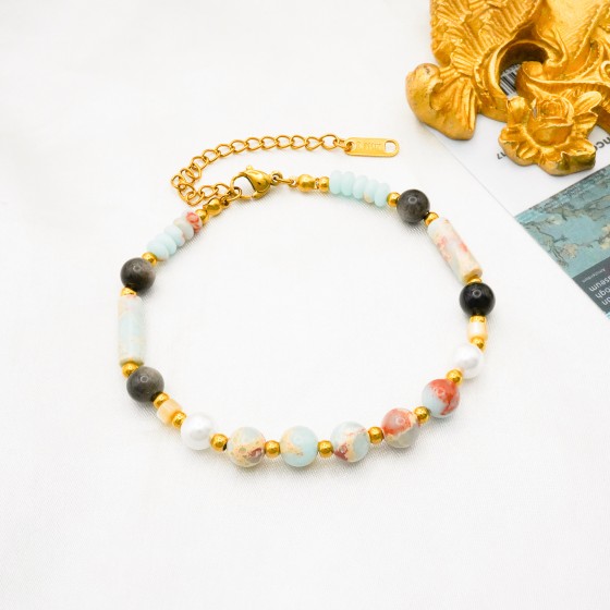 New Chinese style temperament natural stone hand beads stainless steel round beads Shoushan stone simple Zen style hand chain